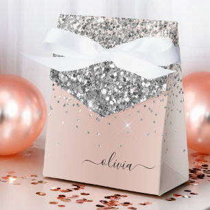 Rose Gold - Blush Pink Silver Glitter Monogram Favour Box
