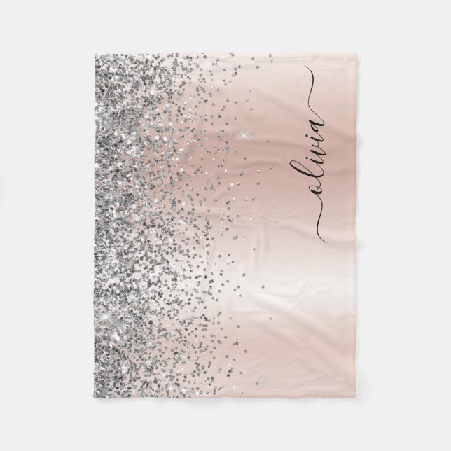 Rose Gold - Blush Pink Silver Glitter Monogram Fleece Blanket (Front)