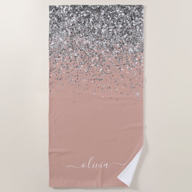 Rose Gold Blush Pink Silver Glitter Monogram Girly Beach Towel (Front)