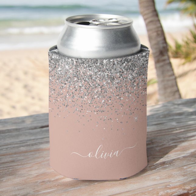Rose Gold Blush Pink Silver Glitter Monogram Girly Can Cooler (Creator Uploaded)