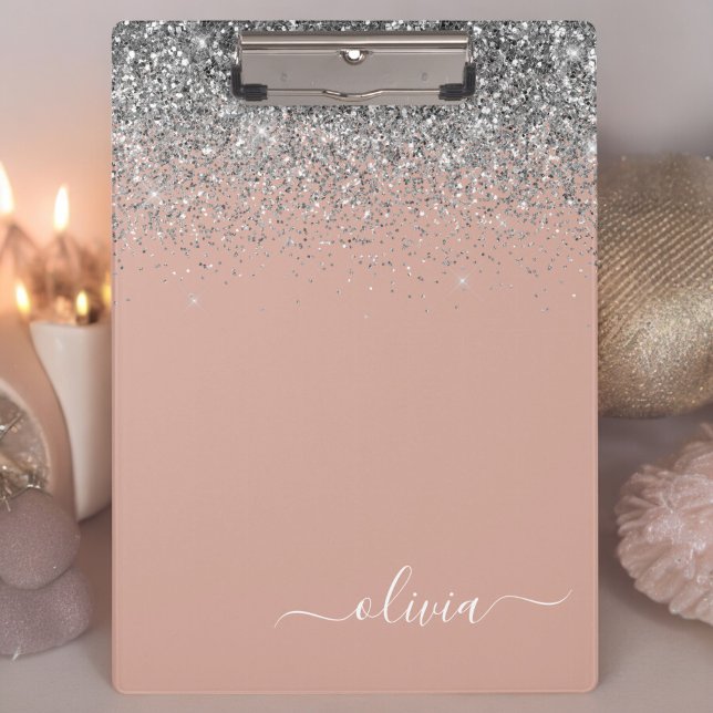 Rose Gold Blush Pink Silver Glitter Monogram Girly Clipboard (Creator Uploaded)