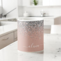 Rose Gold Blush Pink Silver Glitter Monogram Girly