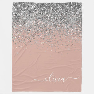 Rose Gold Blush Pink Silver Glitter Monogram Girly Fleece Blanket