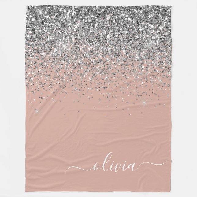 Rose Gold Blush Pink Silver Glitter Monogram Girly Fleece Blanket (Front)