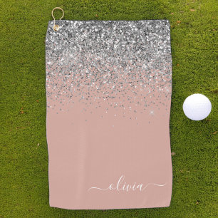 Rose Gold Blush Pink Silver Glitter Monogram Girly Golf Towel