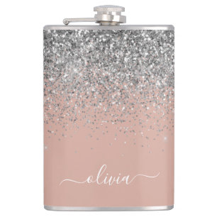 Rose Gold Blush Pink Silver Glitter Monogram Girly Hip Flask