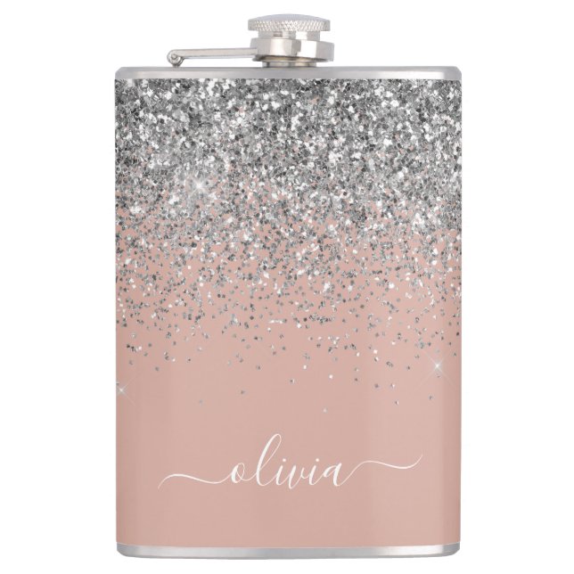 Rose Gold Blush Pink Silver Glitter Monogram Girly Hip Flask (Front)