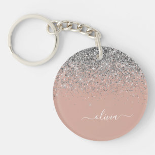 Rose Gold Blush Pink Silver Glitter Monogram Girly Key Ring
