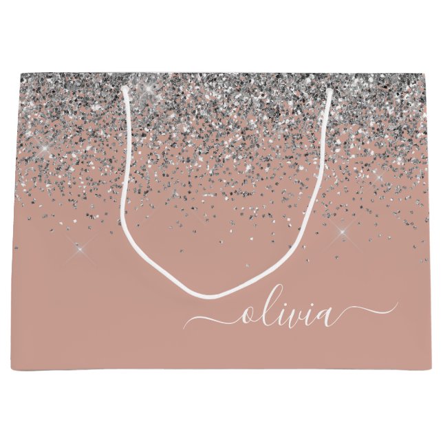 Rose Gold Blush Pink Silver Glitter Monogram Girly Large Gift Bag (Front)