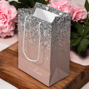 Rose Gold Blush Pink Silver Glitter Monogram Girly Medium Gift Bag