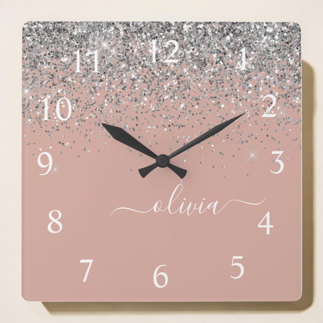 Rose Gold Blush Pink Silver Glitter Monogram Girly Square Wall Clock (Creator Uploaded)