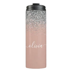 Rose Gold Blush Pink Silver Glitter Monogram Girly Thermal Tumbler