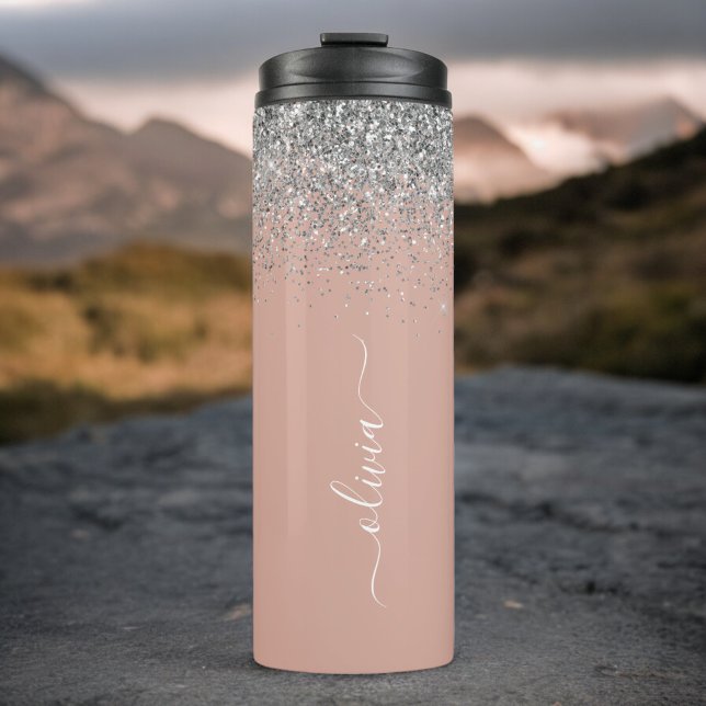Rose Gold Blush Pink Silver Glitter Monogram Girly Thermal Tumbler (Creator Uploaded)