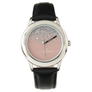 Rose Gold Blush Pink Silver Glitter Monogram Girly Watch