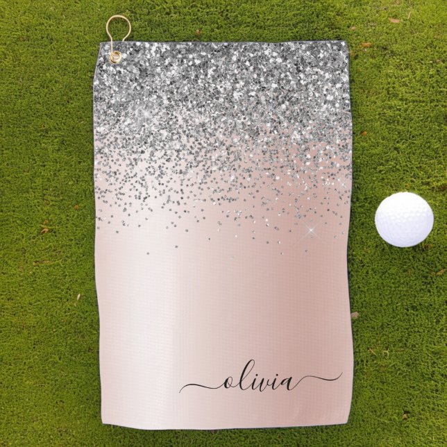 Rose Gold - Blush Pink Silver Glitter Monogram Golf Towel (Creator Uploaded)