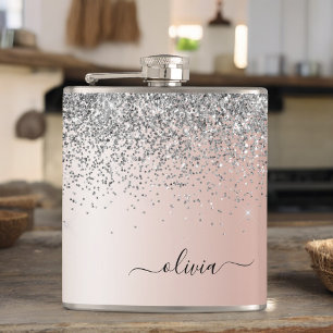 Rose Gold - Blush Pink Silver Glitter Monogram Hip Flask