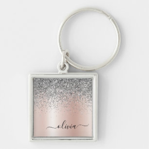 Rose Gold - Blush Pink Silver Glitter Monogram Key Ring