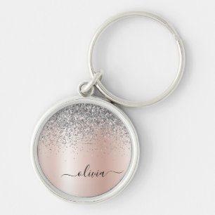 Rose Gold - Blush Pink Silver Glitter Monogram Key Ring