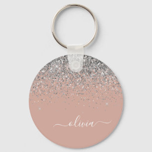 Rose Gold Blush Pink Silver Glitter Monogram Key Ring