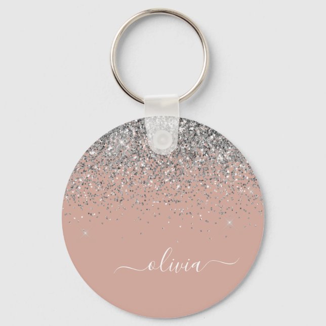 Rose Gold Blush Pink Silver Glitter Monogram Key Ring (Front)