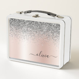 Rose Gold - Blush Pink Silver Glitter Monogram Metal Lunch Box