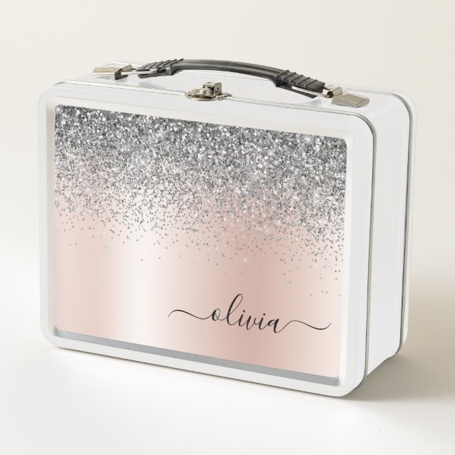 Rose Gold - Blush Pink Silver Glitter Monogram Metal Lunch Box (Front)