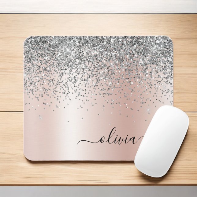 Rose Gold - Blush Pink Silver Glitter Monogram Mouse Pad (Creator Uploaded)