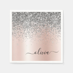 Rose Gold - Blush Pink Silver Glitter Monogram Napkin
