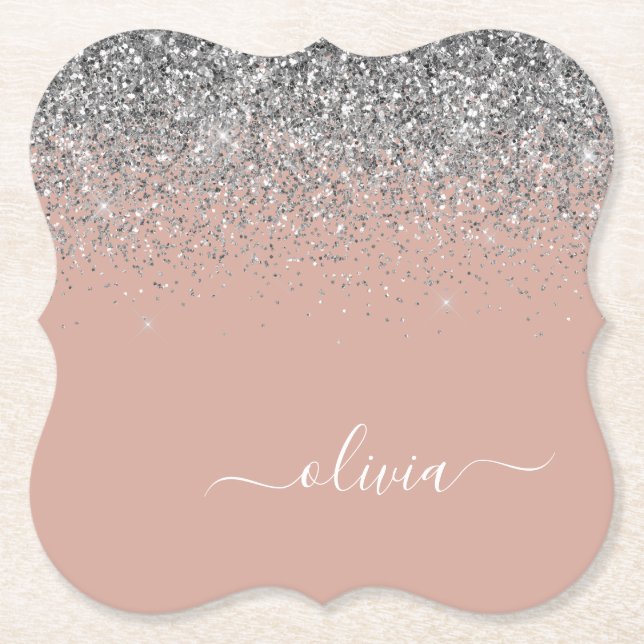 Rose Gold Blush Pink Silver Glitter Monogram Paper Coaster (Front)