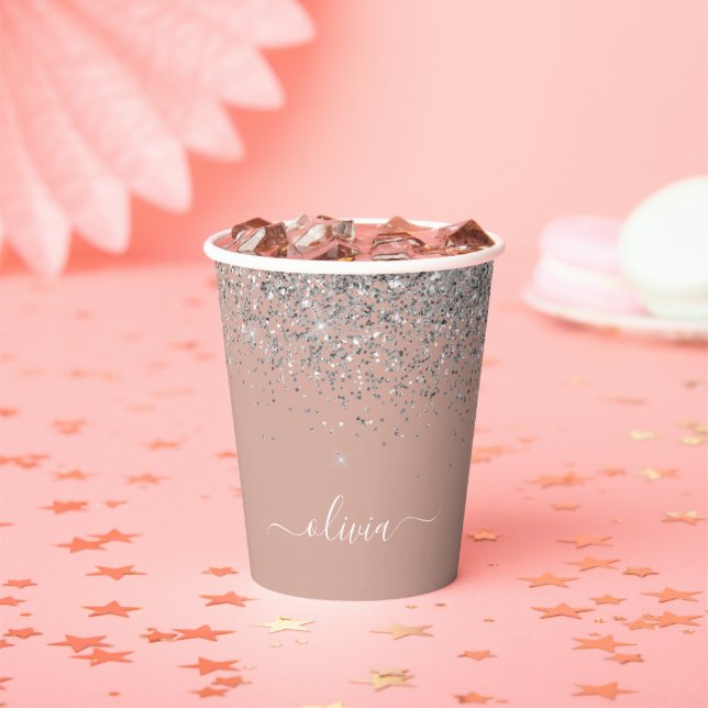 Rose Gold Blush Pink Silver Glitter Monogram Paper Cups (Insitu)