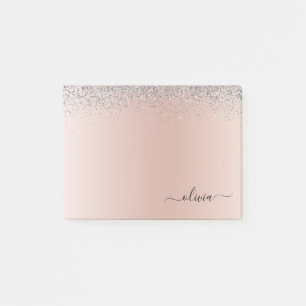 Rose Gold - Blush Pink Silver Glitter Monogram Post-it Notes
