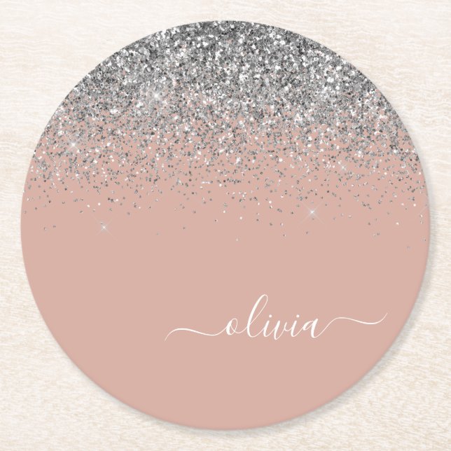 Rose Gold Blush Pink Silver Glitter Monogram Round Paper Coaster (Front)