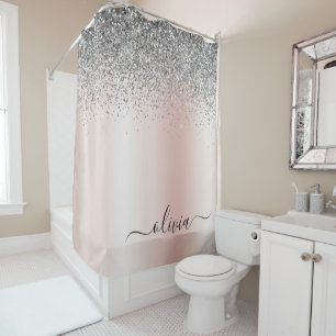 Rose Gold - Blush Pink Silver Glitter Monogram Shower Curtain