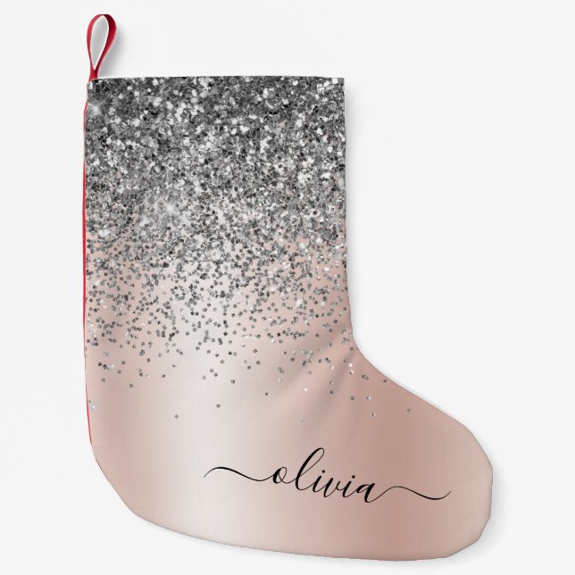 Rose Gold - Blush Pink Silver Glitter Monogram Small Christmas Stocking (Front)