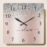 Rose Gold - Blush Pink Silver Glitter Monogram Square Wall Clock<br><div class="desc">Rose Gold - Blush Pink and Silver Faux Foil Metallic Sparkle Glitter Brushed Metal Monogram Name Clock. This makes the perfect sweet 16 birthday,  wedding,  bridal shower,  anniversary,  baby shower or bachelorette party gift for someone that loves glam luxury and chic styles.</div>