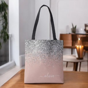 Rose Gold Blush Pink Silver Glitter Monogram Tote Bag