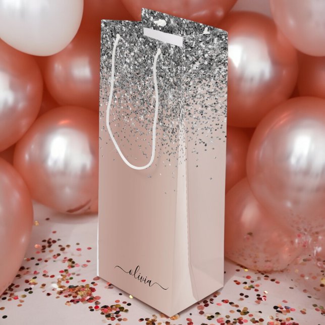 Rose Gold - Blush Pink Silver Glitter Monogram Wine Gift Bag (Creator Uploaded)