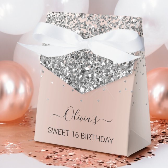 Rose Gold Blush Pink Silver Glitter Sweet 16 Favour Box (Creator Uploaded)