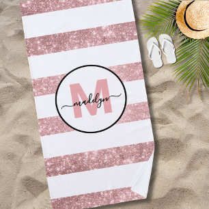 Rose Gold Blush Pink Stripe Name Monogram Beach Towel