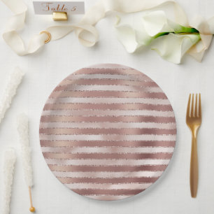 Rose Gold Blush Pink Stripes Glitz Paper Plate