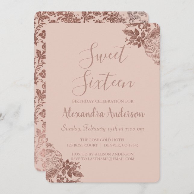 Rose Gold Blush Pink Sweet Sixteen Birthday Invitation (Front/Back)