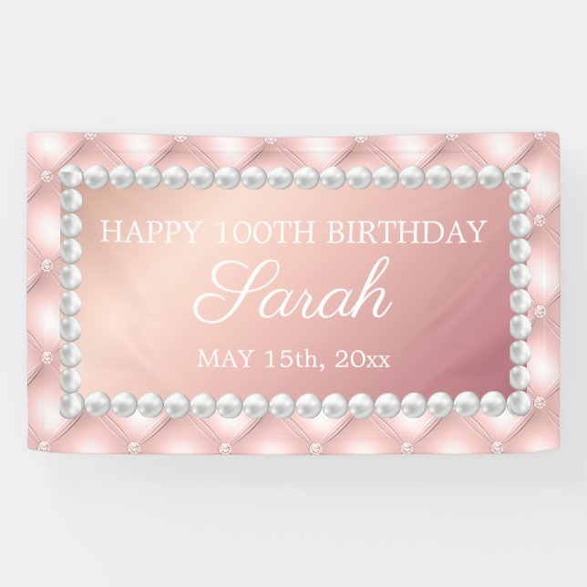 Rose Gold Blush Pink White Pearls 100th Birthday Banner (Horizontal)