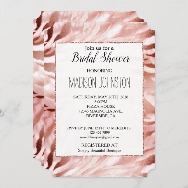 Rose Gold Blush Pink Zebra Invitation (Front/Back)