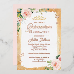 Rose Gold Blush Quinceanera Floral Sparkle Tiara 