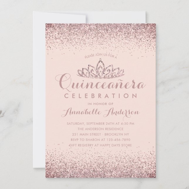 Rose Gold Blush Quinceañera Gold Tiara Glitter Invitation (Front)