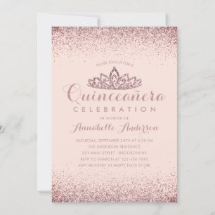 Rose Gold Blush Quinceañera Gold Tiara Glitter Invitation