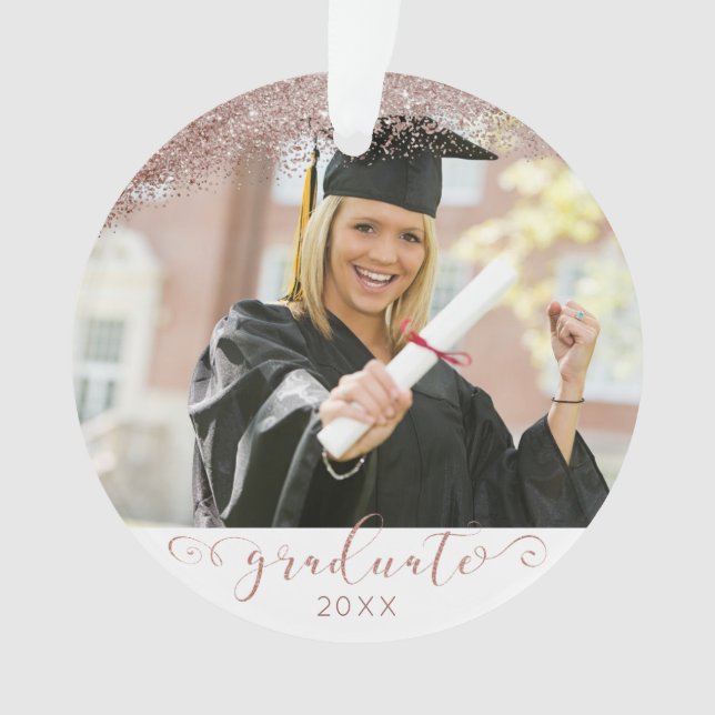 Rose Gold & Blush Script Graduate Photo Keepsake Ornament (Front)
