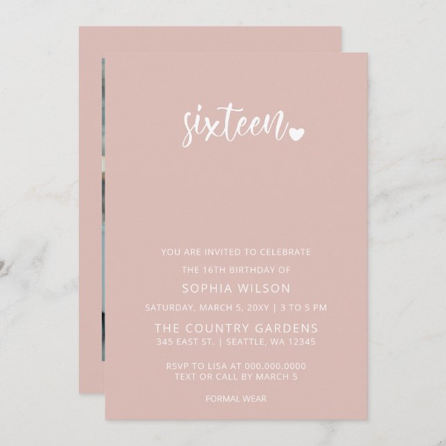 Rose Gold Blush Script Sweet 16 Birthday Photo Invitation (Front/Back)