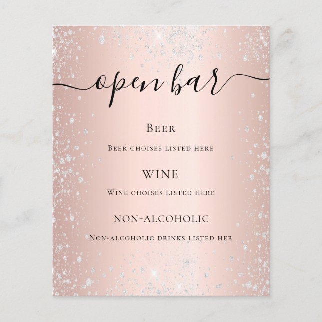 Rose gold blush silver glitter script bar menu (Front)