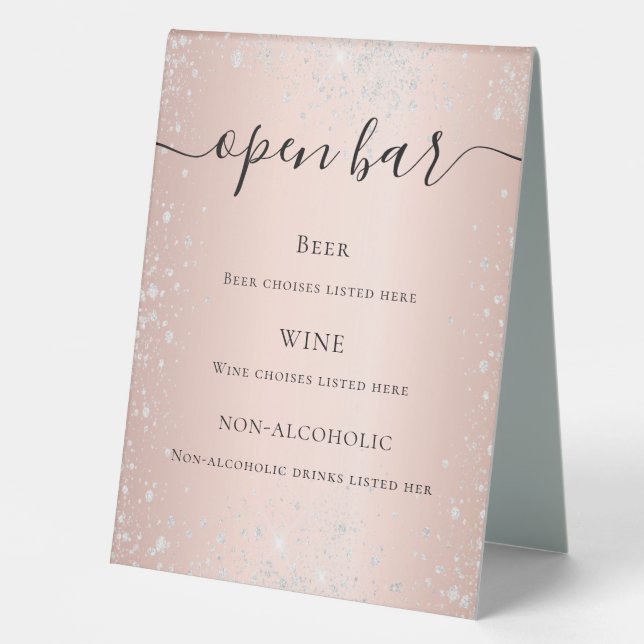 Rose gold blush silver glitter script bar menu (Front)